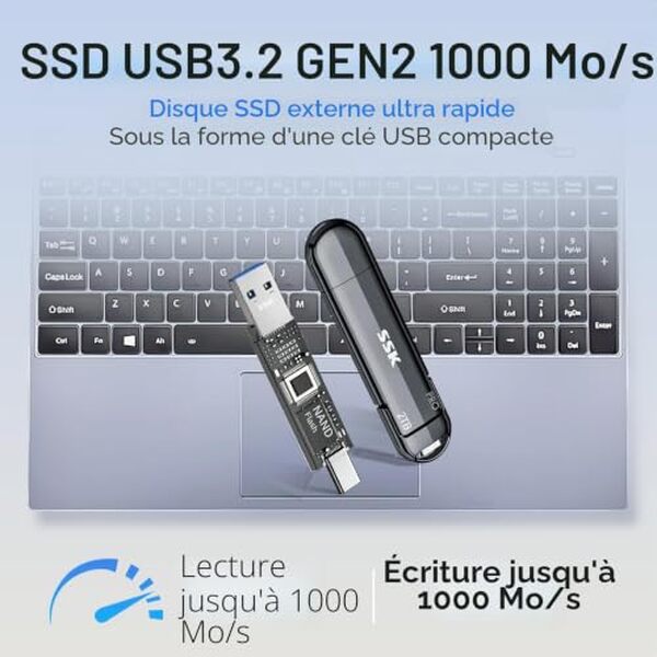 Découvrez notre test complet du disque SSD externe SSK 2To : performances, rapidité de transfert et polyvalence pour tous vos besoins de stockage externe.